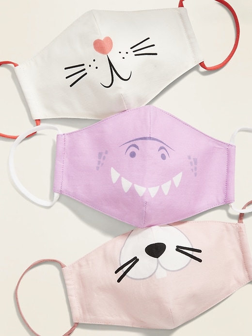 View large product image 1 of 6. Variety 3-Pack of Triple-Layer Cloth Contoured Critter Face Masks (with Laundry Bag) for Kids