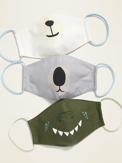 View large product image 1 of 1. Variety 3-Pack of Triple-Layer Cloth Contoured Critter Face Masks (with Laundry Bag) for Kids