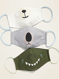 L'image numéro 1 présente Paquet de 3 masques profilés en tissu à revers triple épaisseur à motifs animaliers (avec un sac à lessive) pour enfant