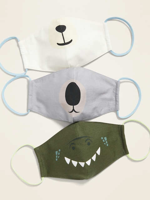 Variety 3-Pack of Triple-Layer Cloth Contoured Critter Face Masks (with Laundry Bag) for Kids - Polar Bear/Koala/Green Dinosaur