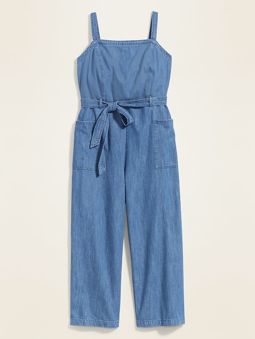 View large product image 1 of 1. Chambray Tie-Belt Plus-Size Sleeveless Jumpsuit