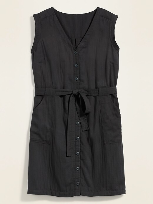 View large product image 1 of 1. Button-Front No-Peek Tie-Belt Plus-Size Sleeveless Utility Dress