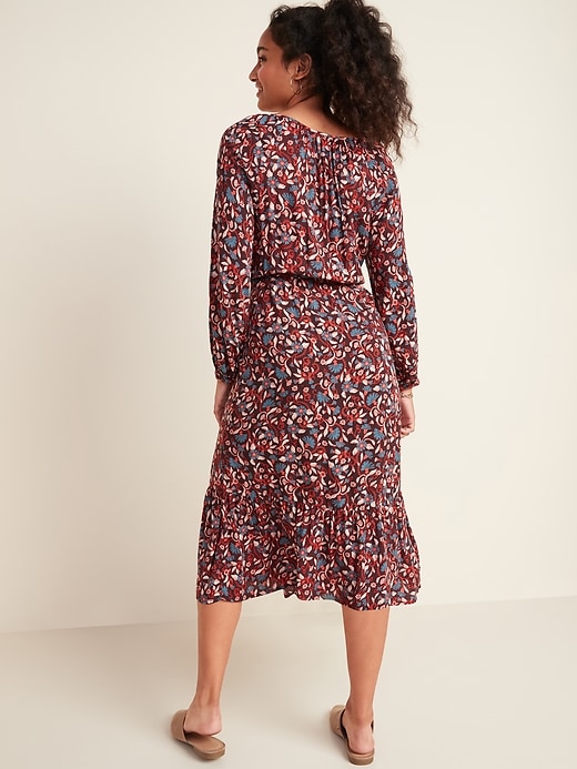 View large product image 2 of 3. Floral-Print Waist-Defined Midi Dress for Women
