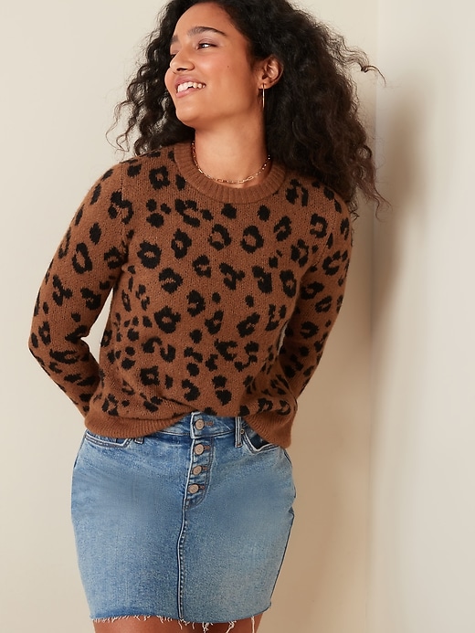 View large product image 1 of 3. Cozy Leopard-Print Crew-Neck Sweater for Women