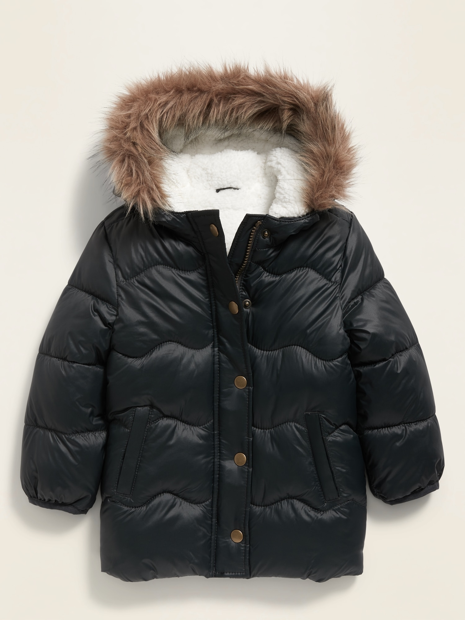 Navy faux fur outlet trim hooded puffer jacket