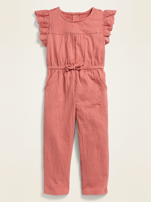 View large product image 1 of 1. Textured-Jersey Eyelet-Sleeve Jumpsuit for Toddler Girls
