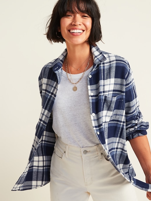 View large product image 1 of 2. Oversized Plaid Flannel Boyfriend Tunic Shirt for Women