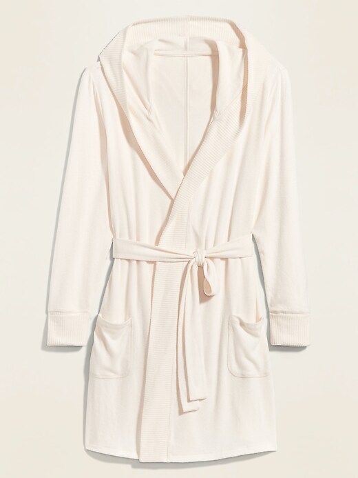 View large product image 2 of 2. Cozy Plush-Knit Hooded Tie-Belt Robe