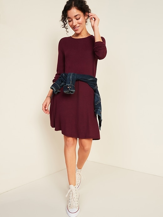 View large product image 1 of 2. Plush-Knit Long-Sleeve Swing Dress for Women