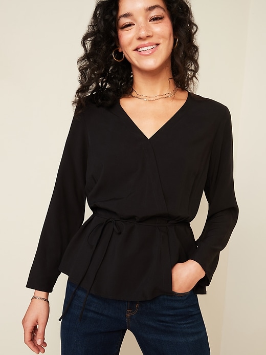 View large product image 1 of 3. V-Neck Faux-Wrap Tie-Waist Long-Sleeve Top for Women
