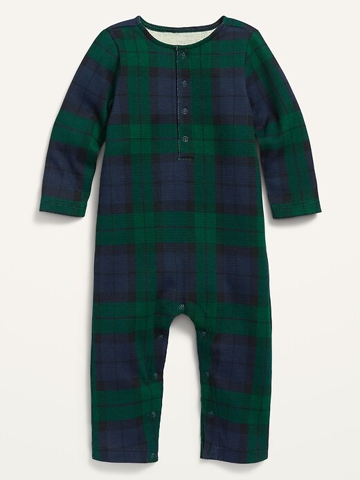 View large product image 1 of 1. Unisex Plaid Thermal Henley One-Piece for Baby