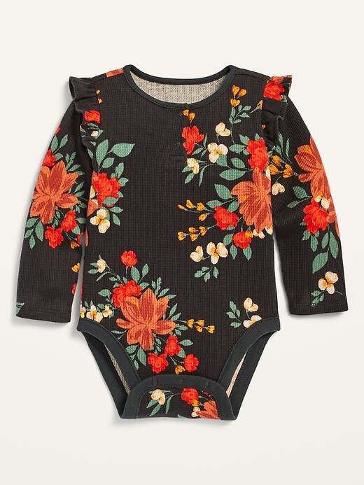 View large product image 1 of 1. Unisex Printed Ruffle-Trim Thermal Bodysuit for Baby