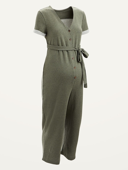 Maternity Tie-Belt Button-Front French Terry Jumpsuit
