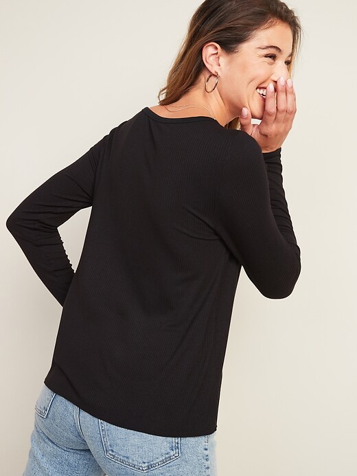 【MODERNIF】Ribbed Span Henley Neck Knit Meetrendi Women's Long Sleeve Square Neck Henley T Shirts