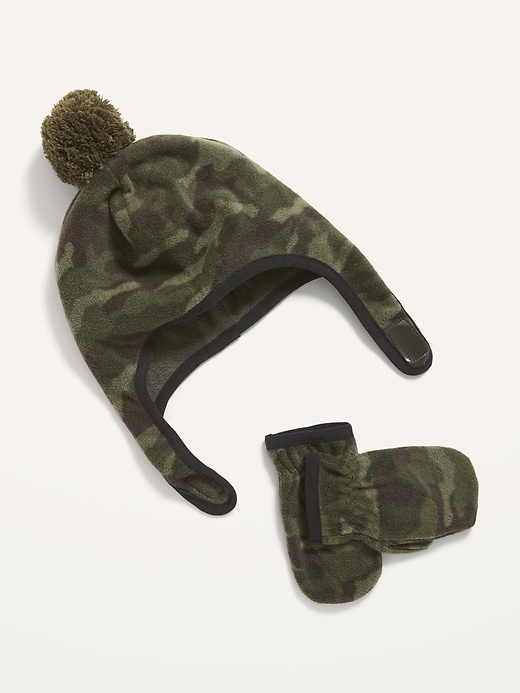 View large product image 1 of 1. Unisex Micro Fleece Pom-Pom Beanie and Mittens Set for Toddler