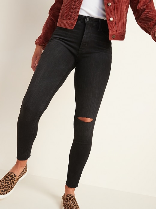 Image number 1 showing, High-Waisted Rockstar Super Skinny Black Distressed Ankle Jeans for Women
