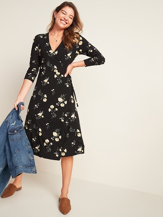 View large product image 1 of 3. Fit & Flare Floral-Print Midi Wrap Dress for Women