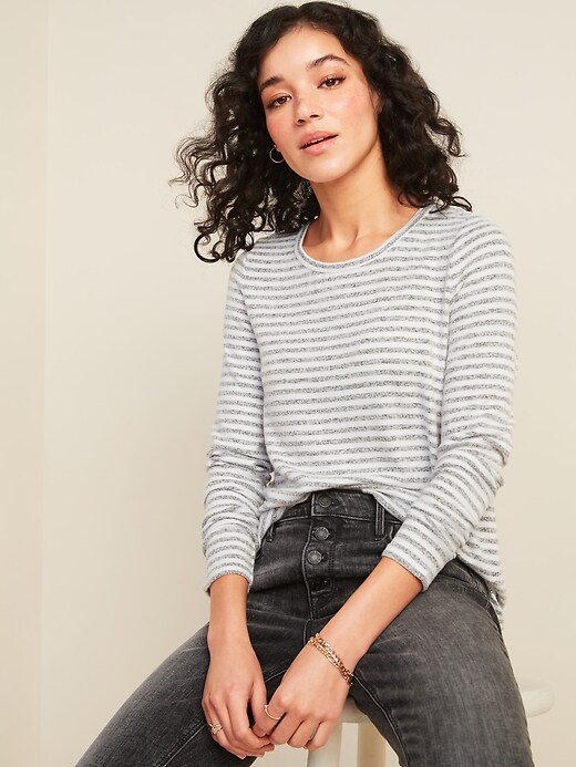 View large product image 1 of 3. Cozy Plush-Knit Striped Long-Sleeve Tee for Women