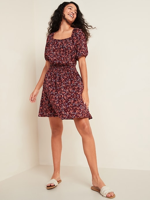 View large product image 1 of 3. Waist-Defined Printed Puff-Sleeve Dress for Women