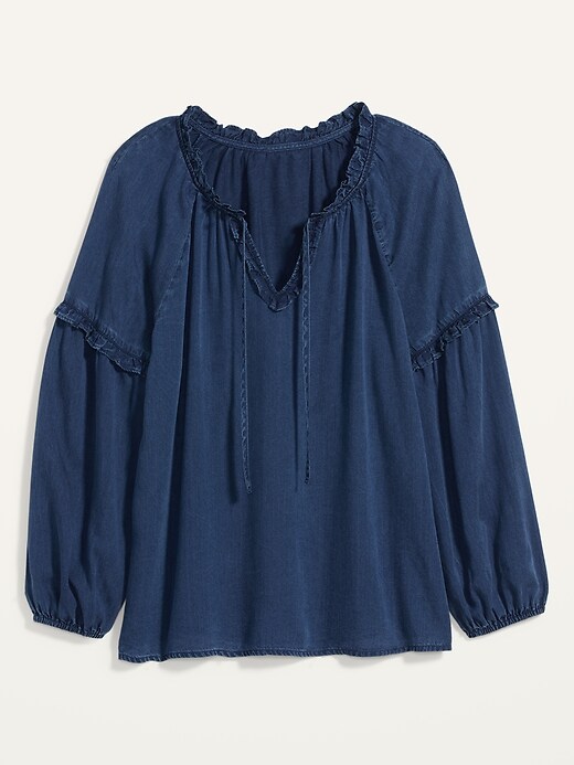 Image number 4 showing, Ruffled Tie-Neck Chambray Poet Blouse for Women
