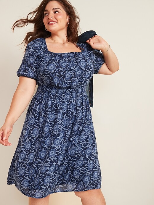 View large product image 1 of 2. Waist-Defined Floral-Print Plus-Size Dress