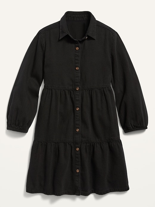 View large product image 1 of 1. Black-Wash Tiered Denim Shirt Dress for Girls