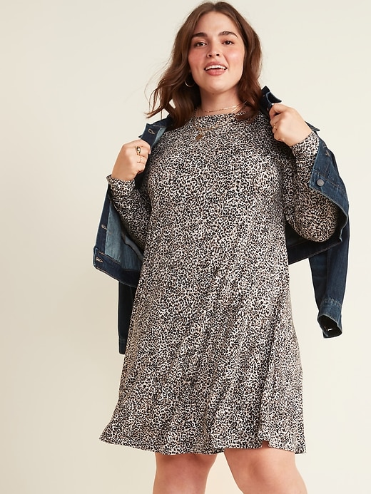 View large product image 1 of 2. Jersey-Knit Long-Sleeve Plus-Size Swing Dress