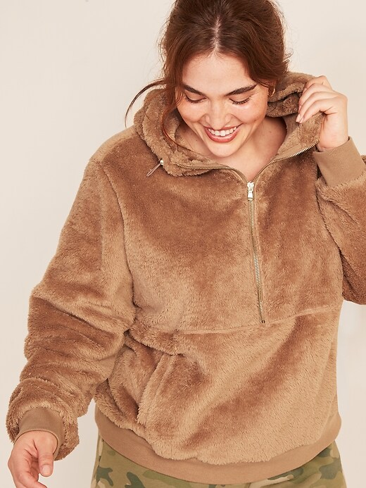 Cozy Faux Fur Sherpa Plus Size 1 2 Zip Hoodie