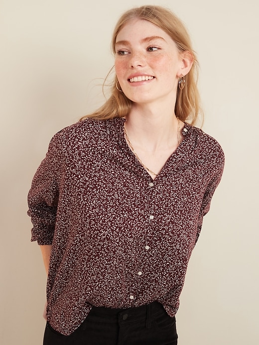 View large product image 1 of 3. Oversized Printed Button-Front Blouse for Women