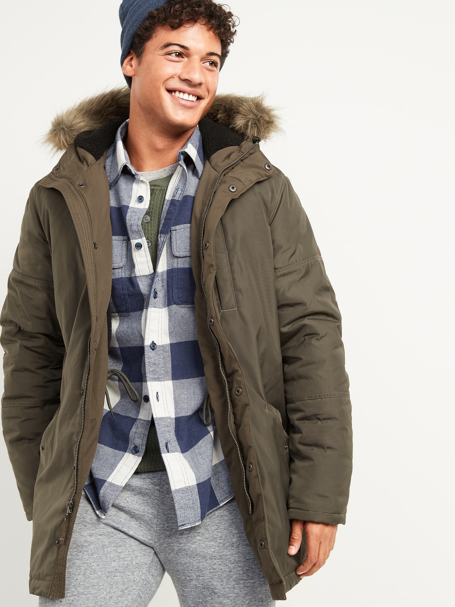 Hooded Faux-Fur Trim Parka Coat for Men