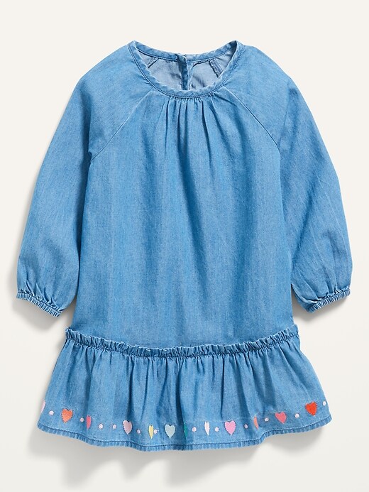 Old Navy Embroidered-Heart Peplum-Hem Chambray Dress for Toddler Girls. 1