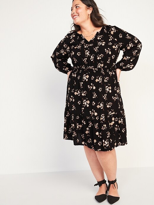 View large product image 1 of 2. Waist-Defined Printed Split-Neck Tiered-Hem Plus-Sized Dress