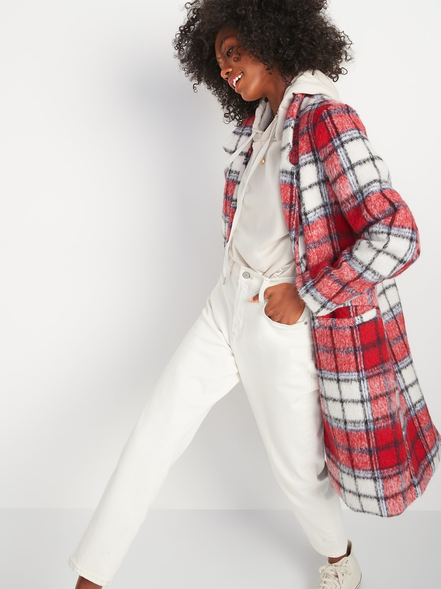 Red plaid hot sale long coat