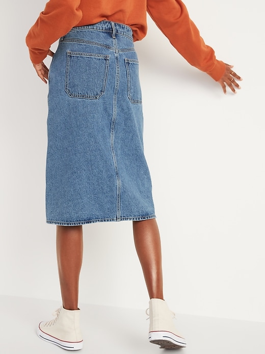 Mid Rise Button Front Midi Jean Skirt for Women