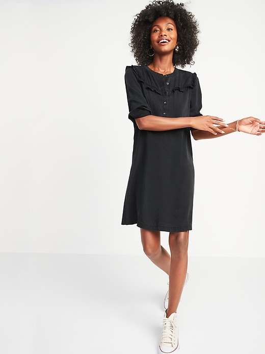 Image number 1 showing, Black Chambray Ruffle-Yoke Shirt Shift Dress for Women