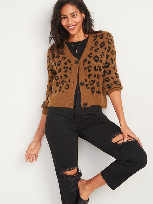 View large product image 1 of 3. Cozy Leopard-Print V-Neck Cardigan Sweater for Women
