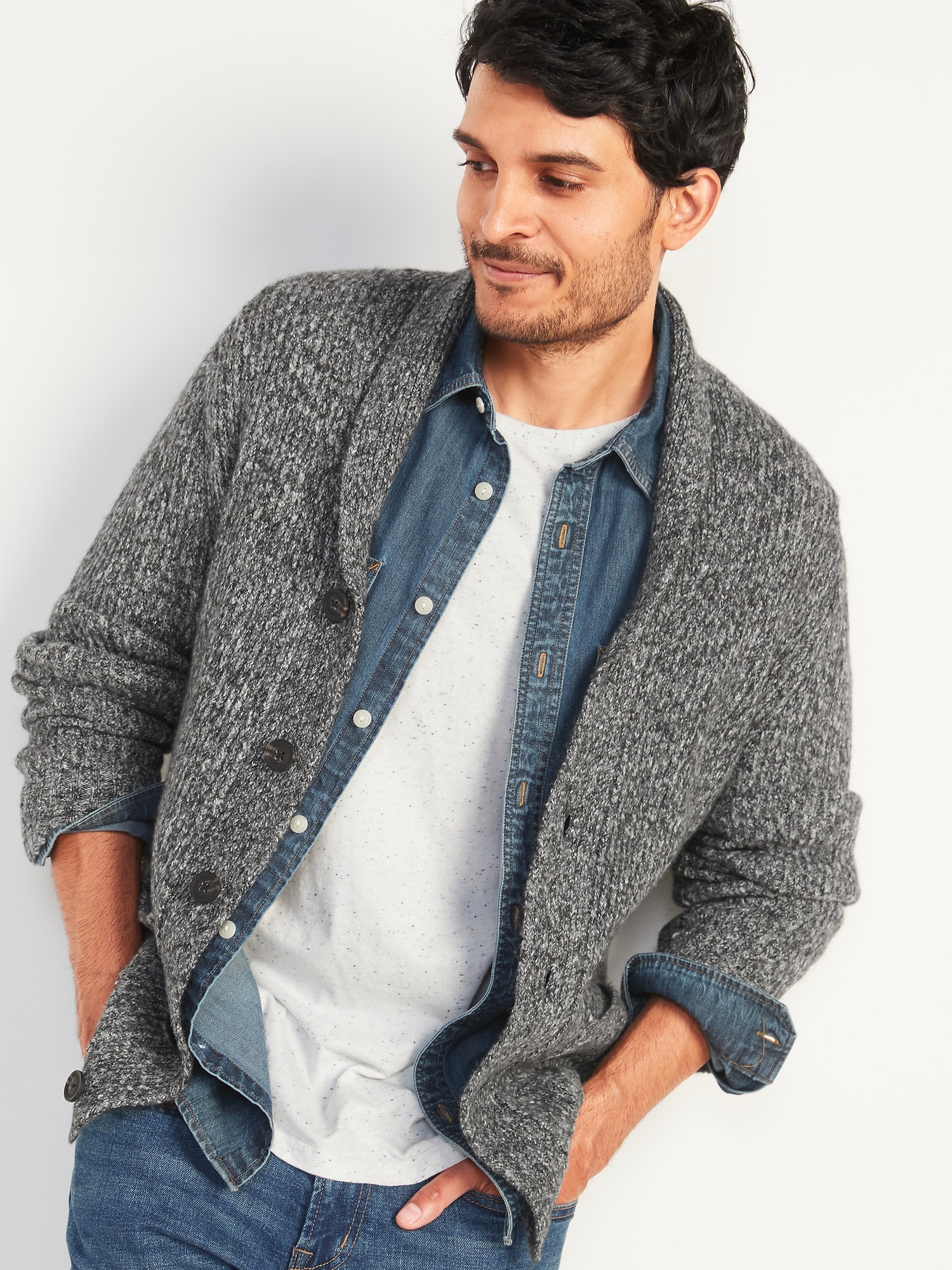Men's Textured Shawl Collar Sweater