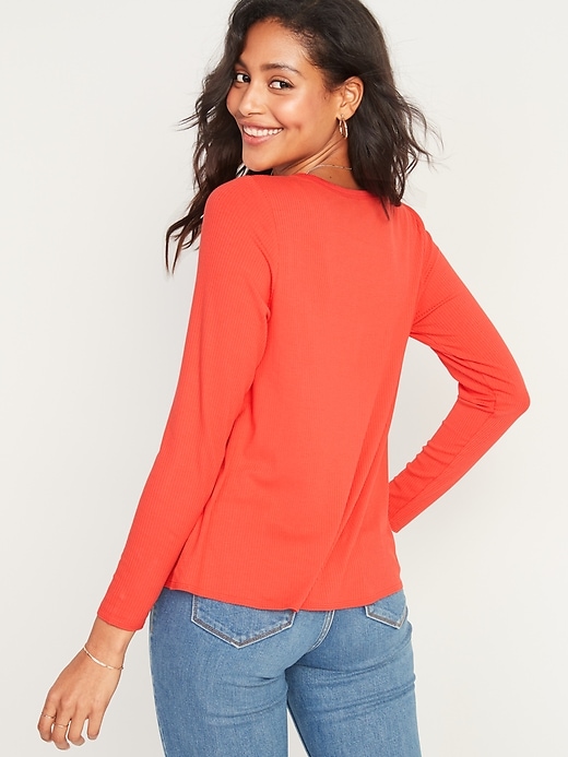 View large product image 2 of 3. Luxe Rib-Knit V-Neck Long-Sleeve Henley Top for Women