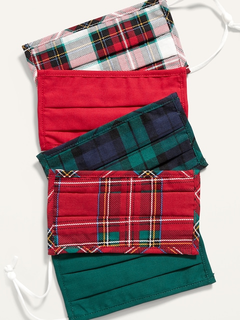 Variety 5-Pack of Triple-Layer Cloth Pleated Face Masks for Kids (with Ear Adjusters) - Plaid Tidings