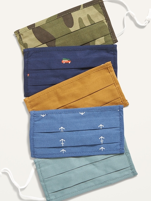 View large product image 1 of 1. Variety 5-Pack of Triple-Layer Cloth Pleated Face Masks for Kids (with Ear Adjusters)