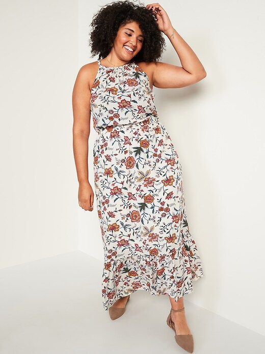 View large product image 1 of 3. Waist-Defined Floral-Print Plus-Size Sleeveless Maxi Dress