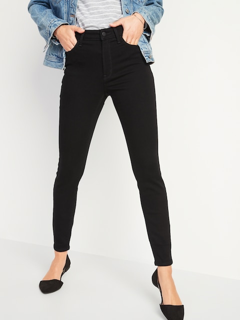 High-Waisted Rockstar Built-In Warm Super Skinny Black Jeans for Women