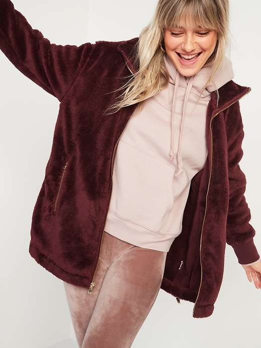 Cozy teddy sherpa long zip jacket for women sale