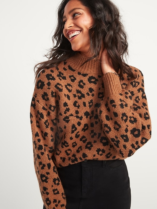 Image number 1 showing, Cozy Leopard-Print Mock-Neck Sweater for Women