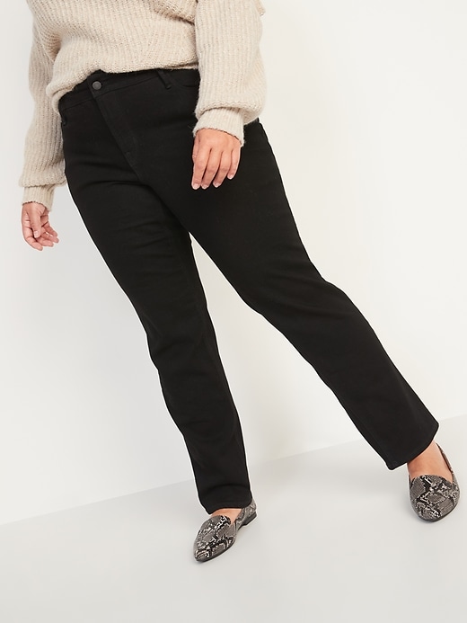 Image number 1 showing, Mid-Rise Power Slim Straight Plus-Size Black Jeans