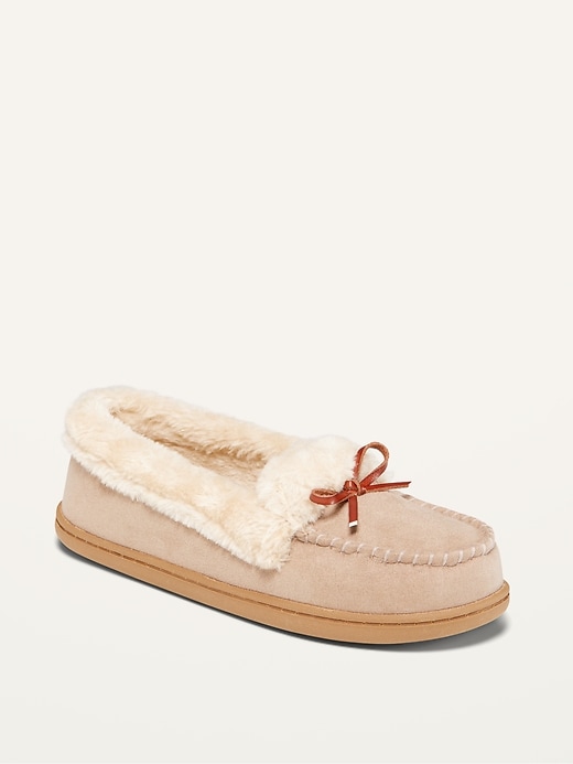 View large product image 1 of 1. Water-Repellent Faux-Fur-Lined Moccasin Slippers