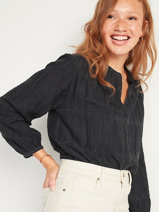 Image number 1 showing, Oversized Embroidered Button-Front Blouse for Women