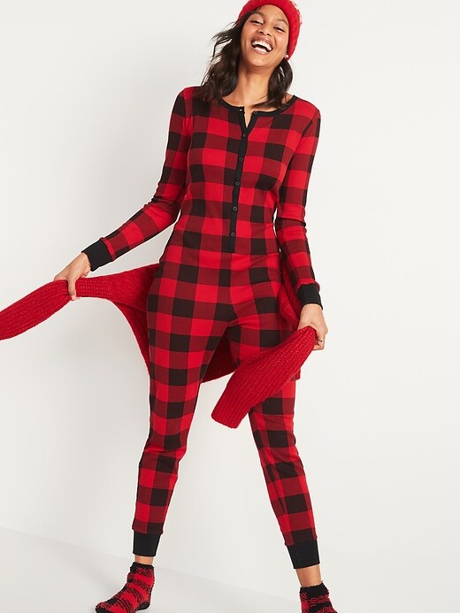 Image number 1 showing, Patterned Waffle-Knit One-Piece Pajamas