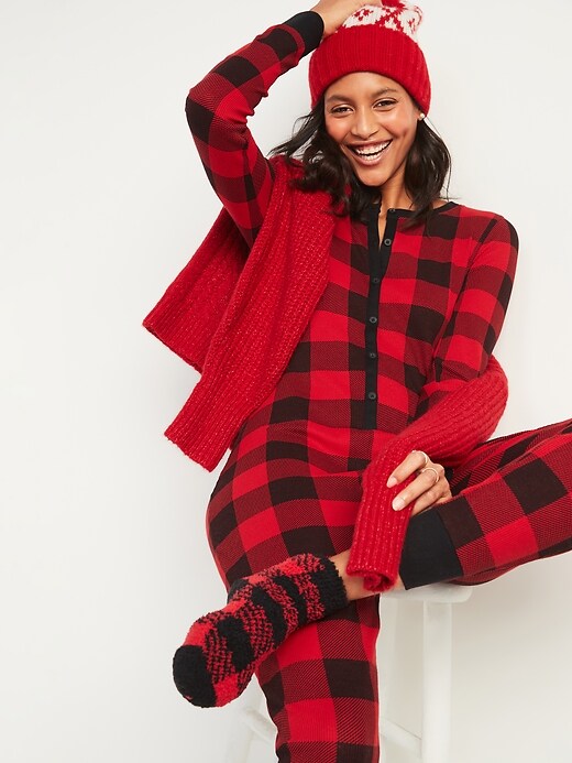 Image number 3 showing, Patterned Waffle-Knit One-Piece Pajamas