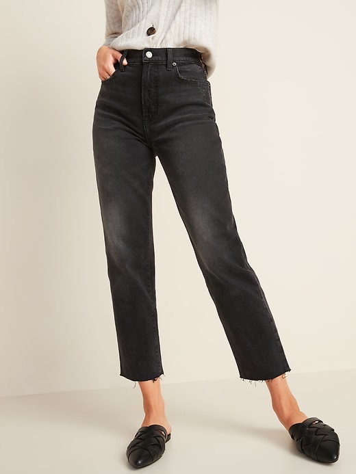 Image number 1 showing, Extra High-Waisted Sky-Hi Straight Raw-Hem Black Jeans for Women